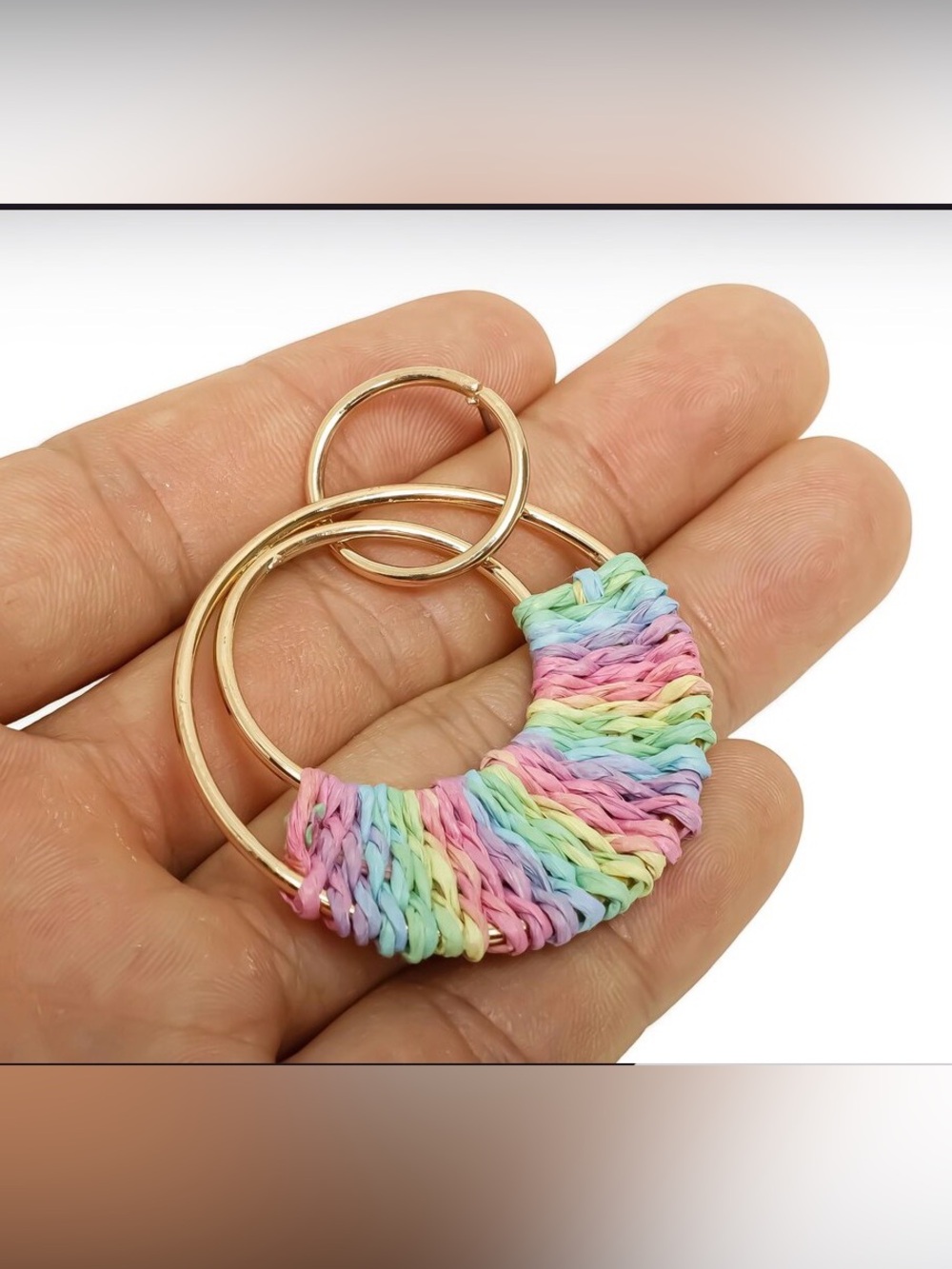 New Gold Tone Round Drop Dangle Earrings Pastel Woven Raffia Bohemian Posts - Picture 4 of 9
